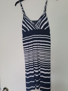 INC International Concepts Navy White Metallic-Trim Striped Wrap Dress